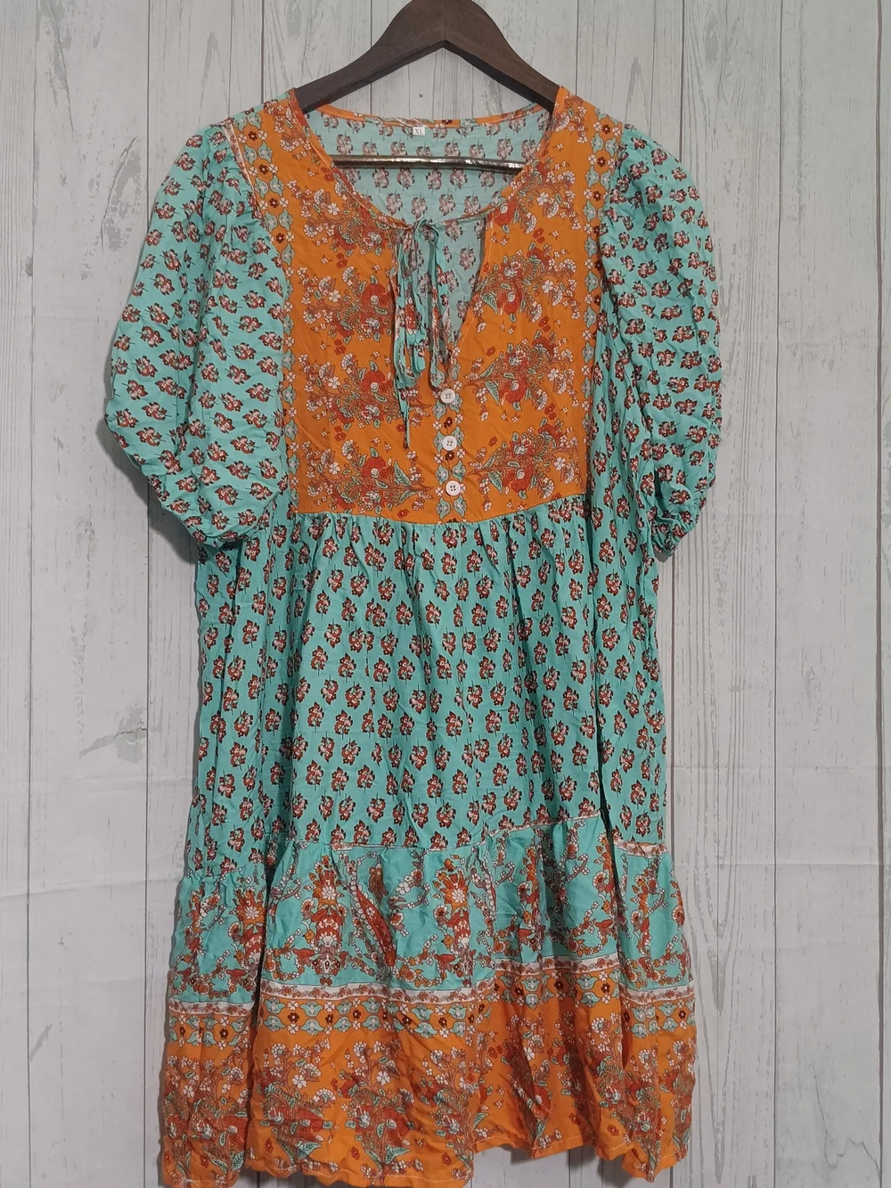 Boho Floral Tiered Dress in Turquoise & Orange Sz XL